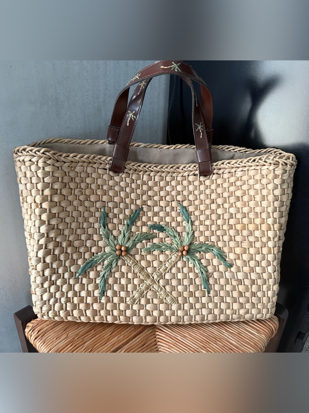 Pier 1 Natural Straw Tote with Green Palm Embroidery and Brown Leather Handles